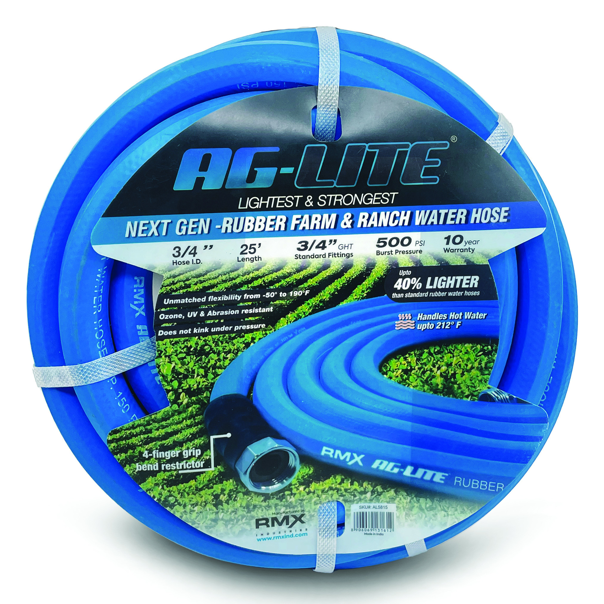 Aglite Rubber Water Hose, 3/4in. x 25ft., 500 PSI Max., Flexible, Model# AL3425